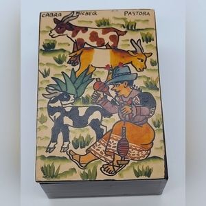 Folk Art Wooden Trinket Box Hand Painted Cabra Micheq Pastora